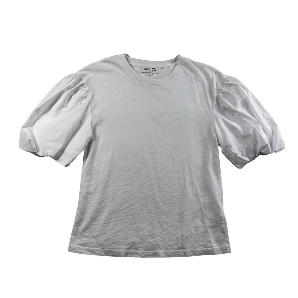 Nation LTD White Puff Sleeve Slub Cotton T-Shirt Womens Small Crew Neck Tee